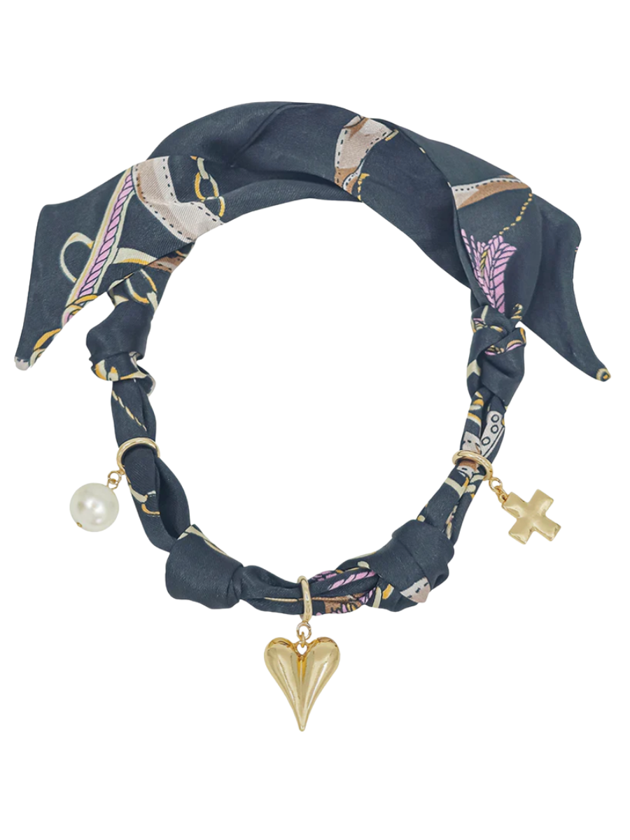 Knotted Scarf Necklace with Heart, Cross & Pearl Charm