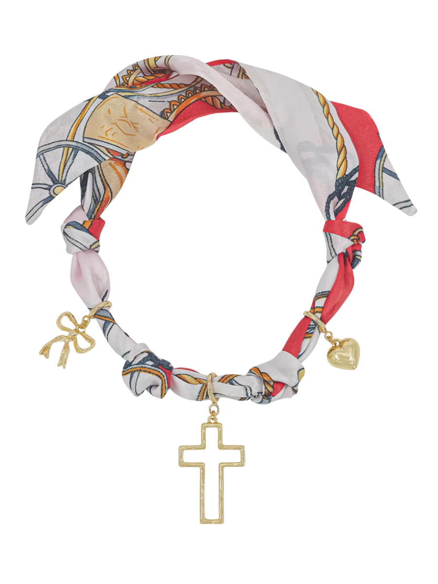 Knotted Scarf Necklace with Puffy Heart, Open Cross & Bow Charm