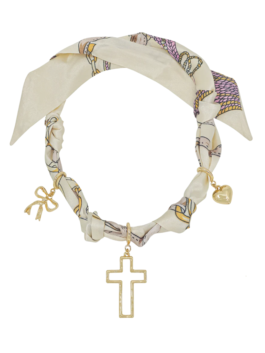 Knotted Scarf Necklace with Puffy Heart, Open Cross & Bow Charm