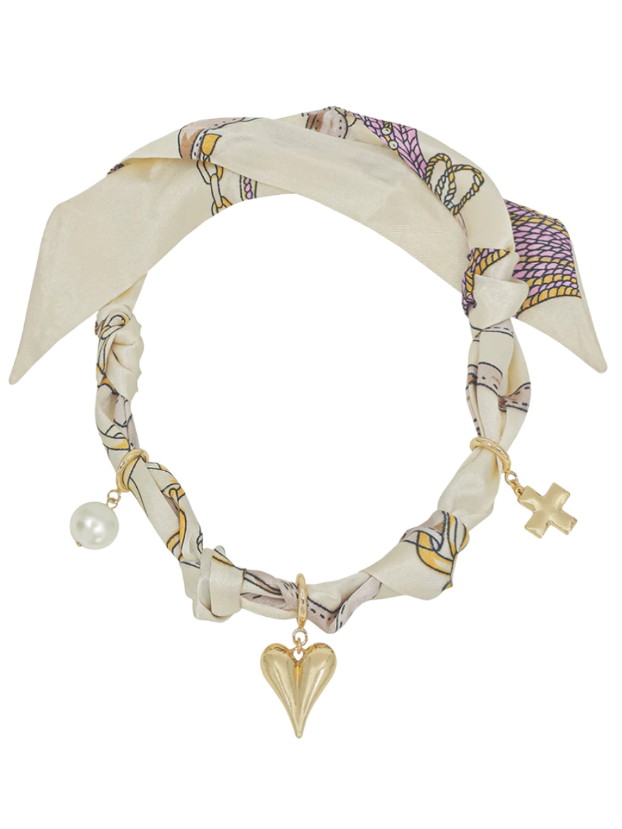 Knotted Scarf Necklace with Heart, Cross & Pearl Charm