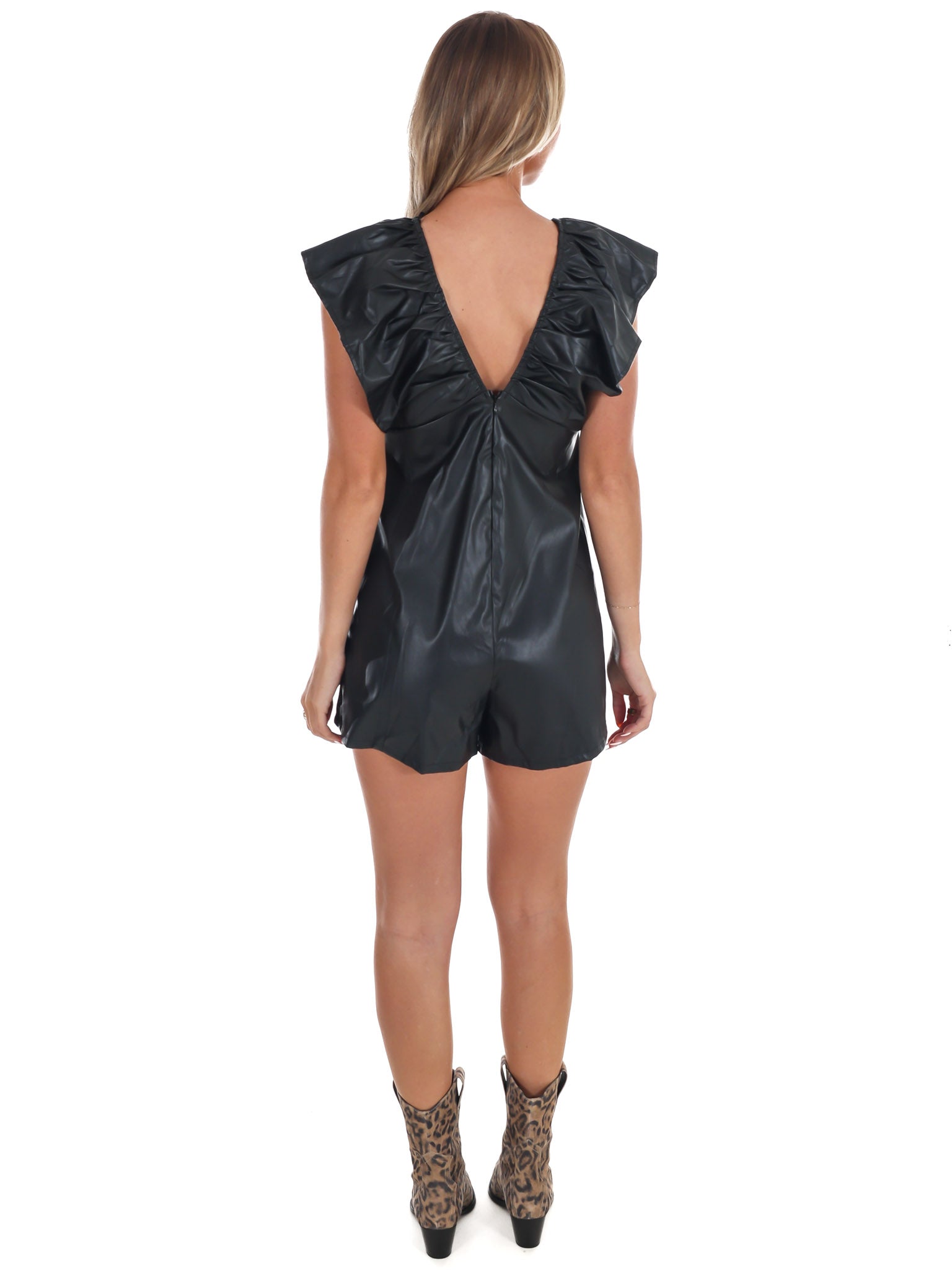 Faux Leather Ruffle Sleeve Gameday Romper