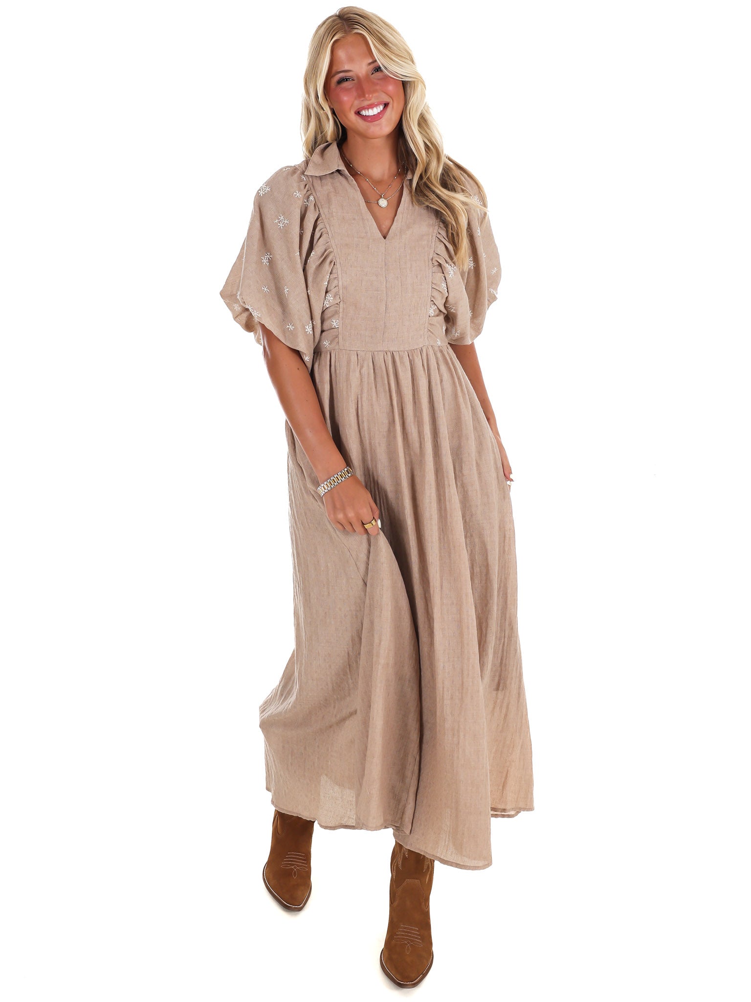 Autumn Stroll Embroidered Midi Dress