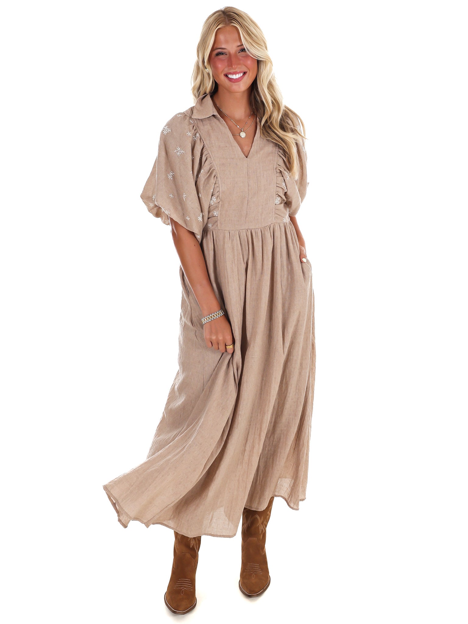 Autumn Stroll Embroidered Midi Dress