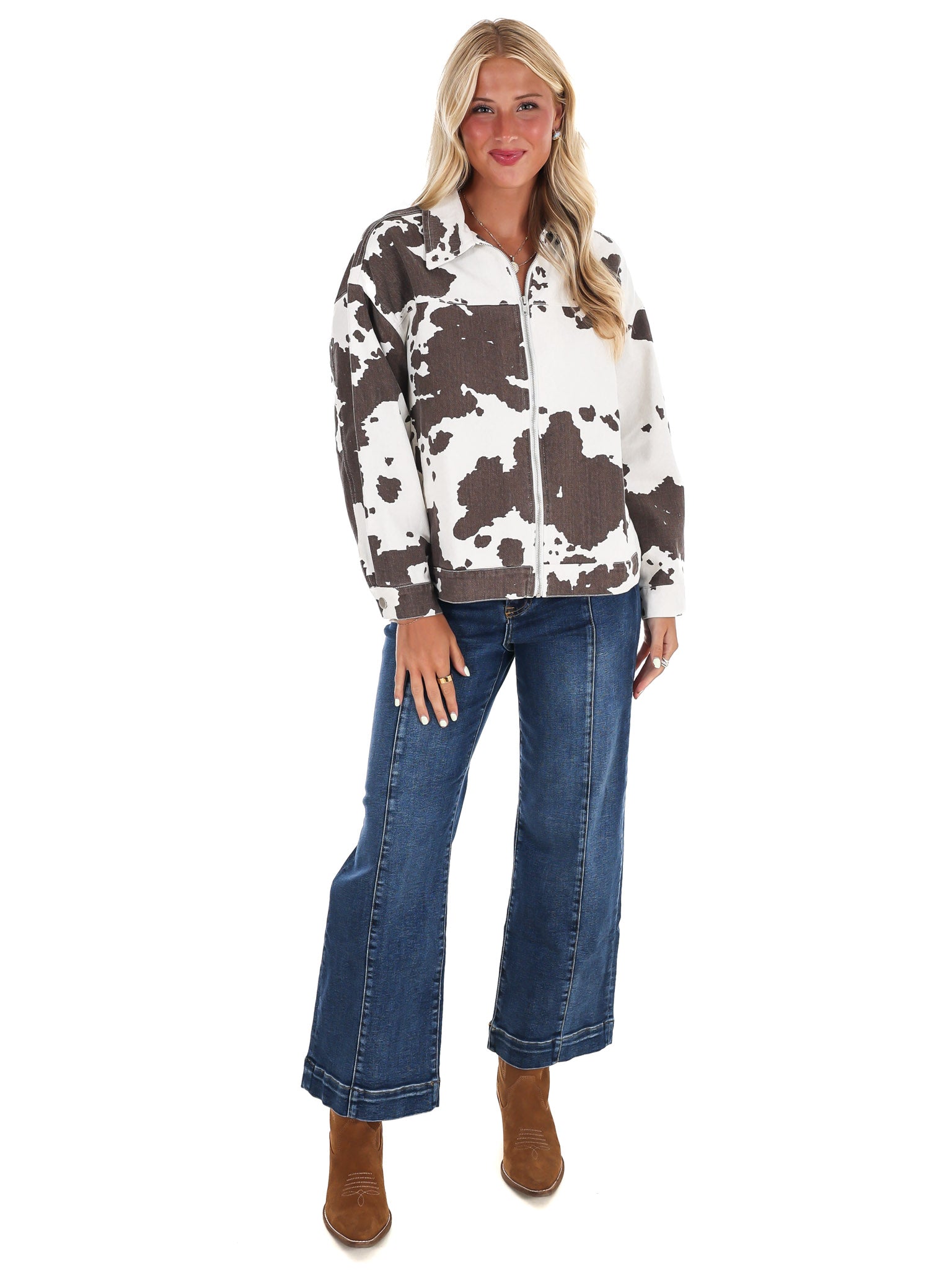 A Cowgirl's Favorite Cow Print Denim Jacket