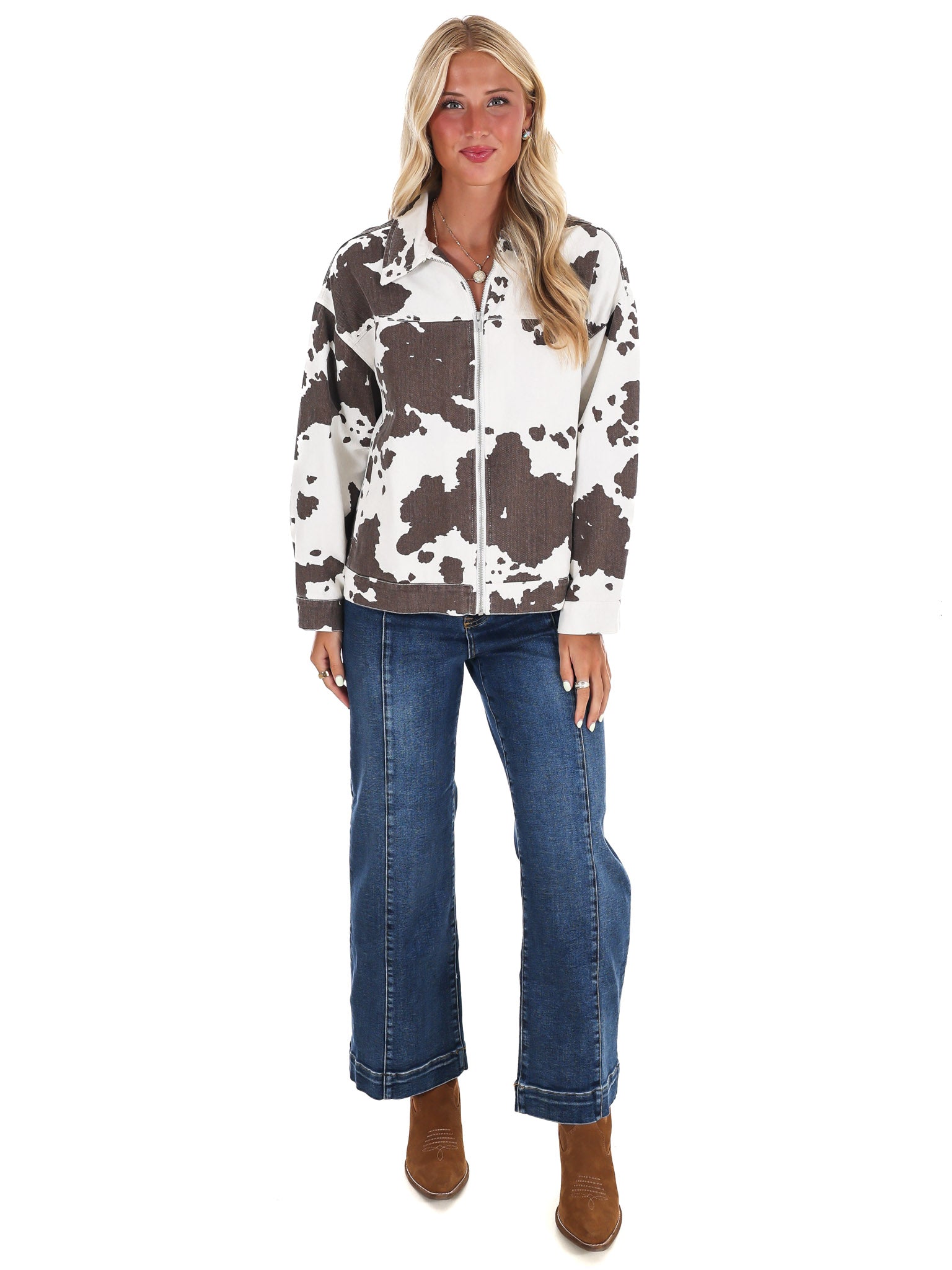 A Cowgirl's Favorite Cow Print Denim Jacket