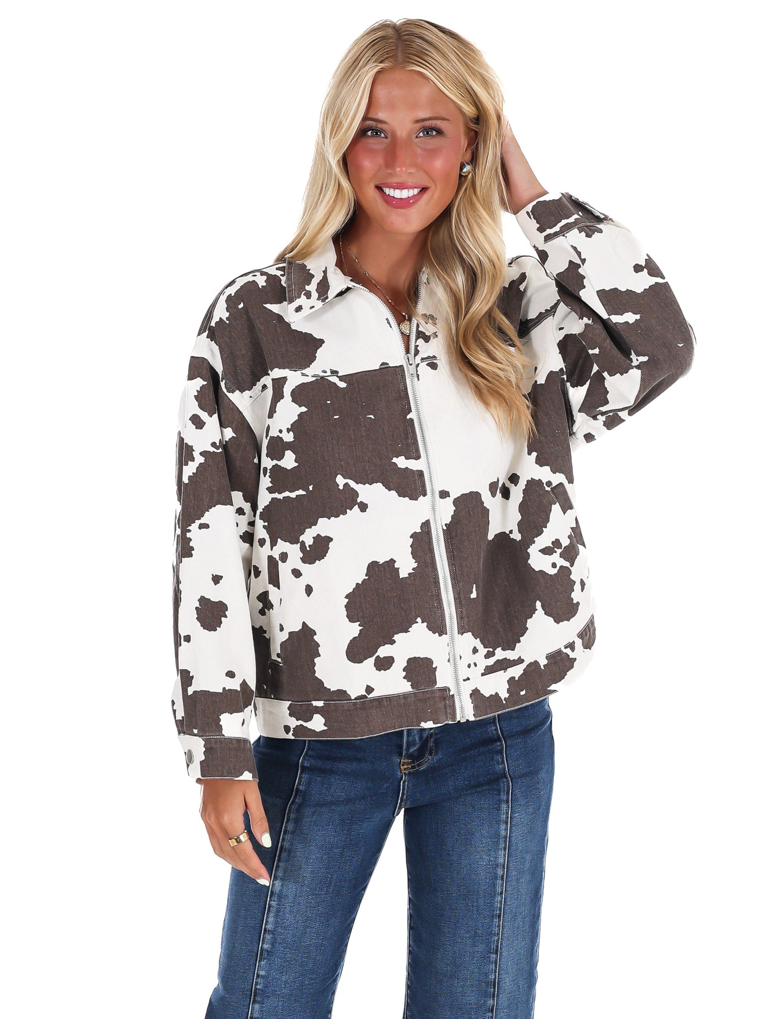 A Cowgirl's Favorite Cow Print Denim Jacket