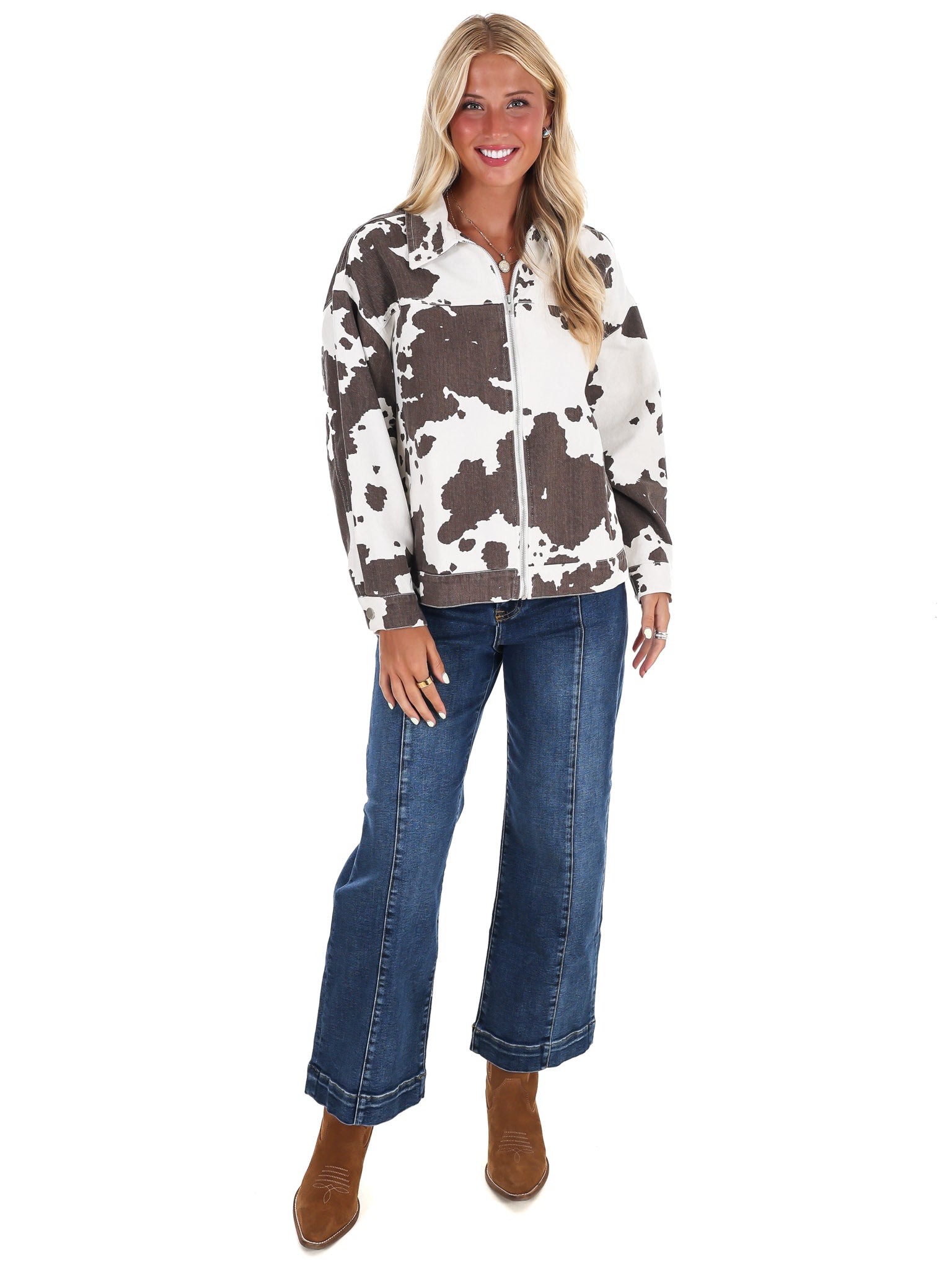 A Cowgirl's Favorite Cow Print Denim Jacket
