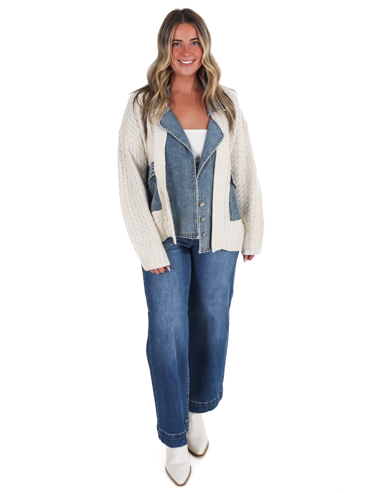 Mixed Media Cable Knit Denim Trim Jacket