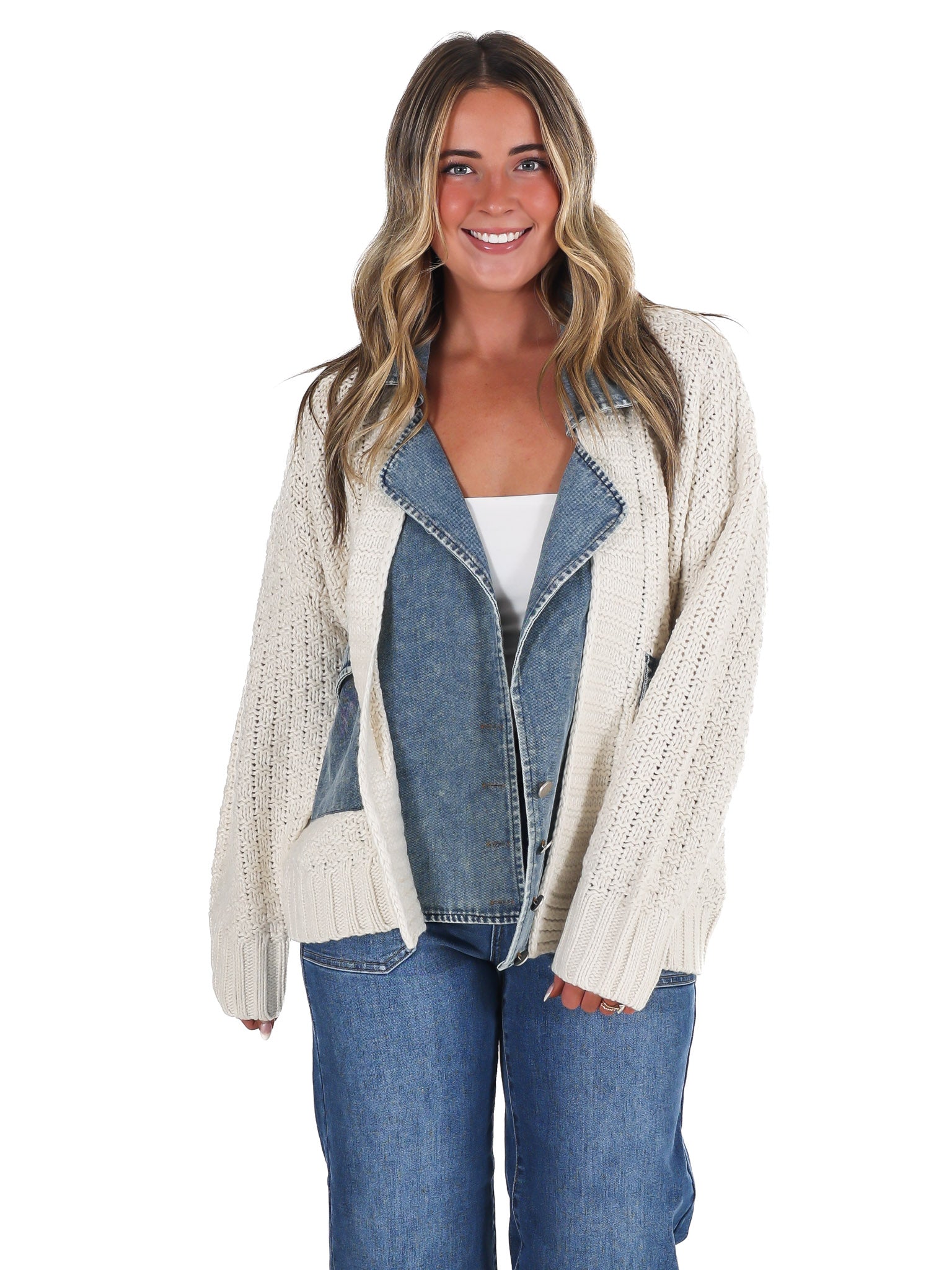 Mixed Media Cable Knit Denim Trim Jacket
