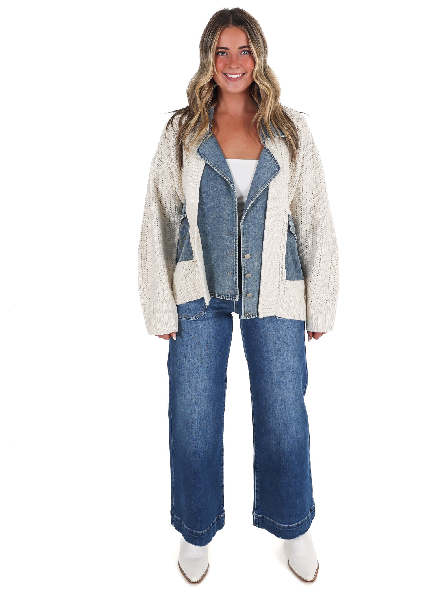 Mixed Media Cable Knit Denim Trim Jacket