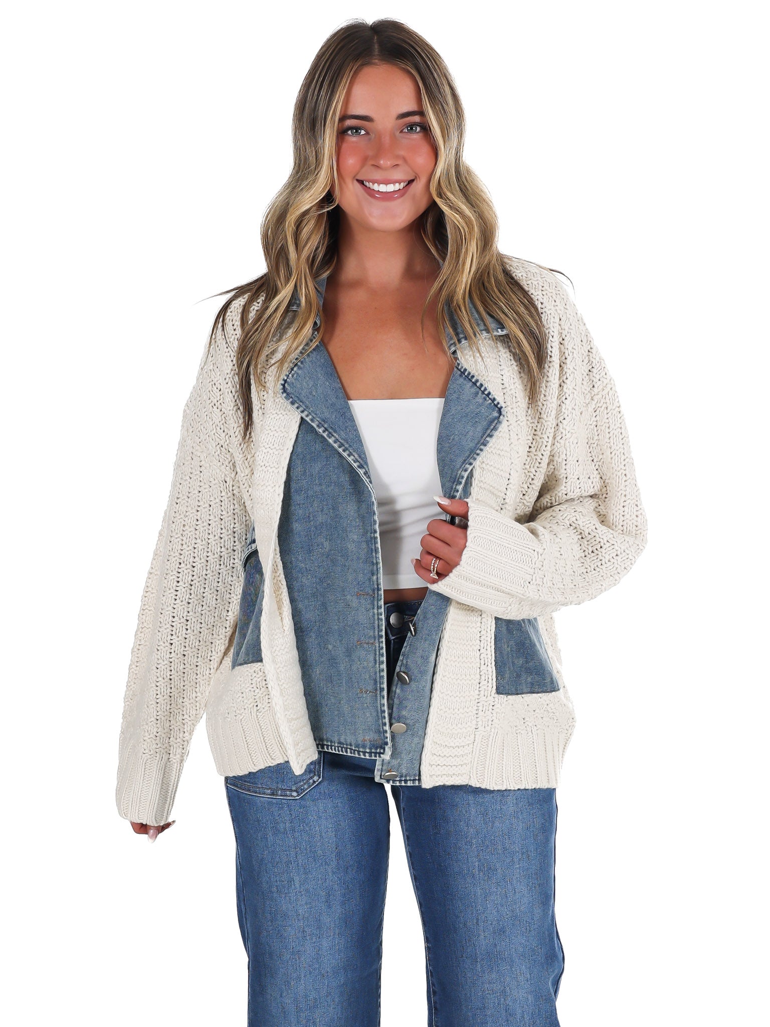 Mixed Media Cable Knit Denim Trim Jacket