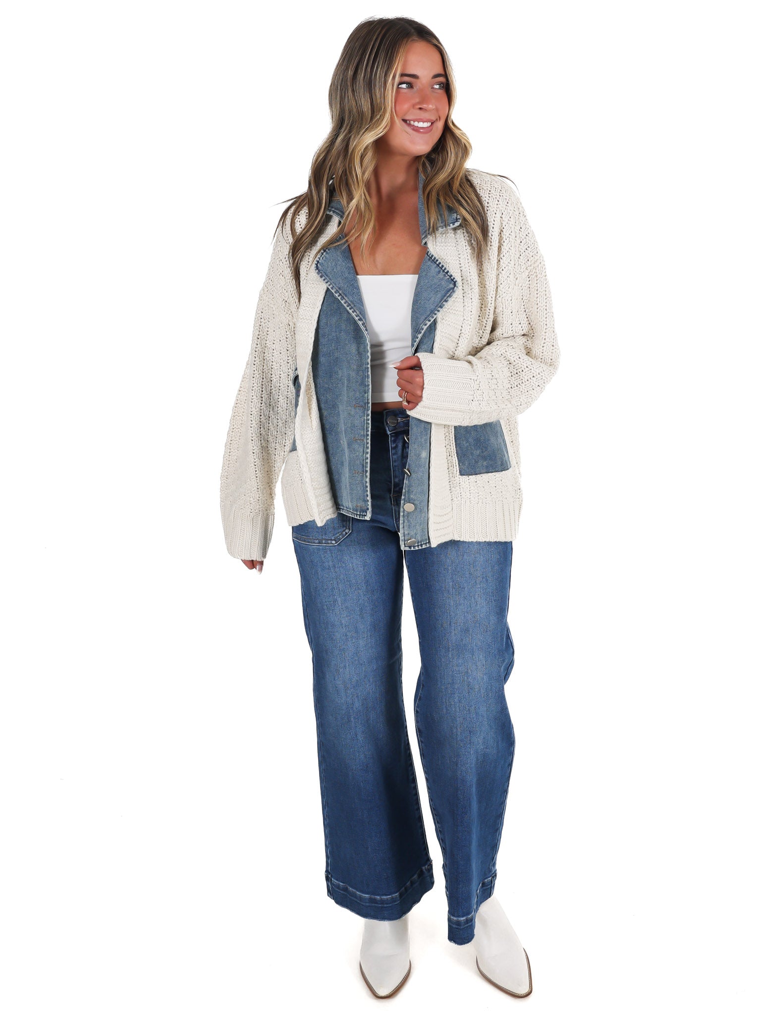 Mixed Media Cable Knit Denim Trim Jacket