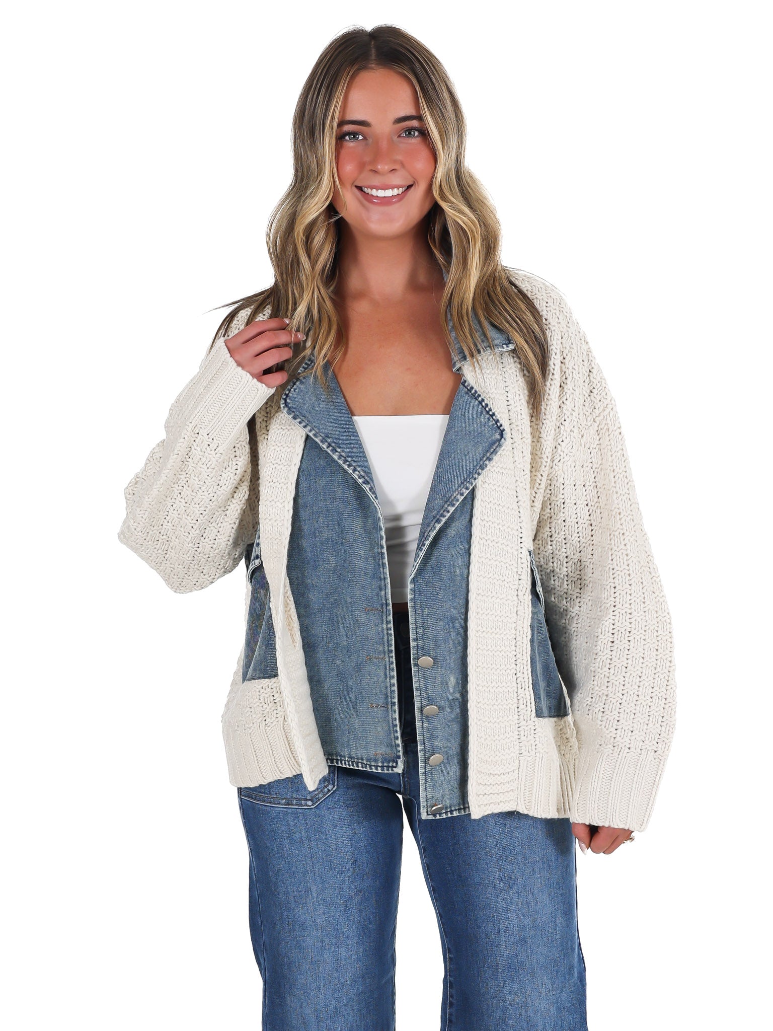 Mixed Media Cable Knit Denim Trim Jacket