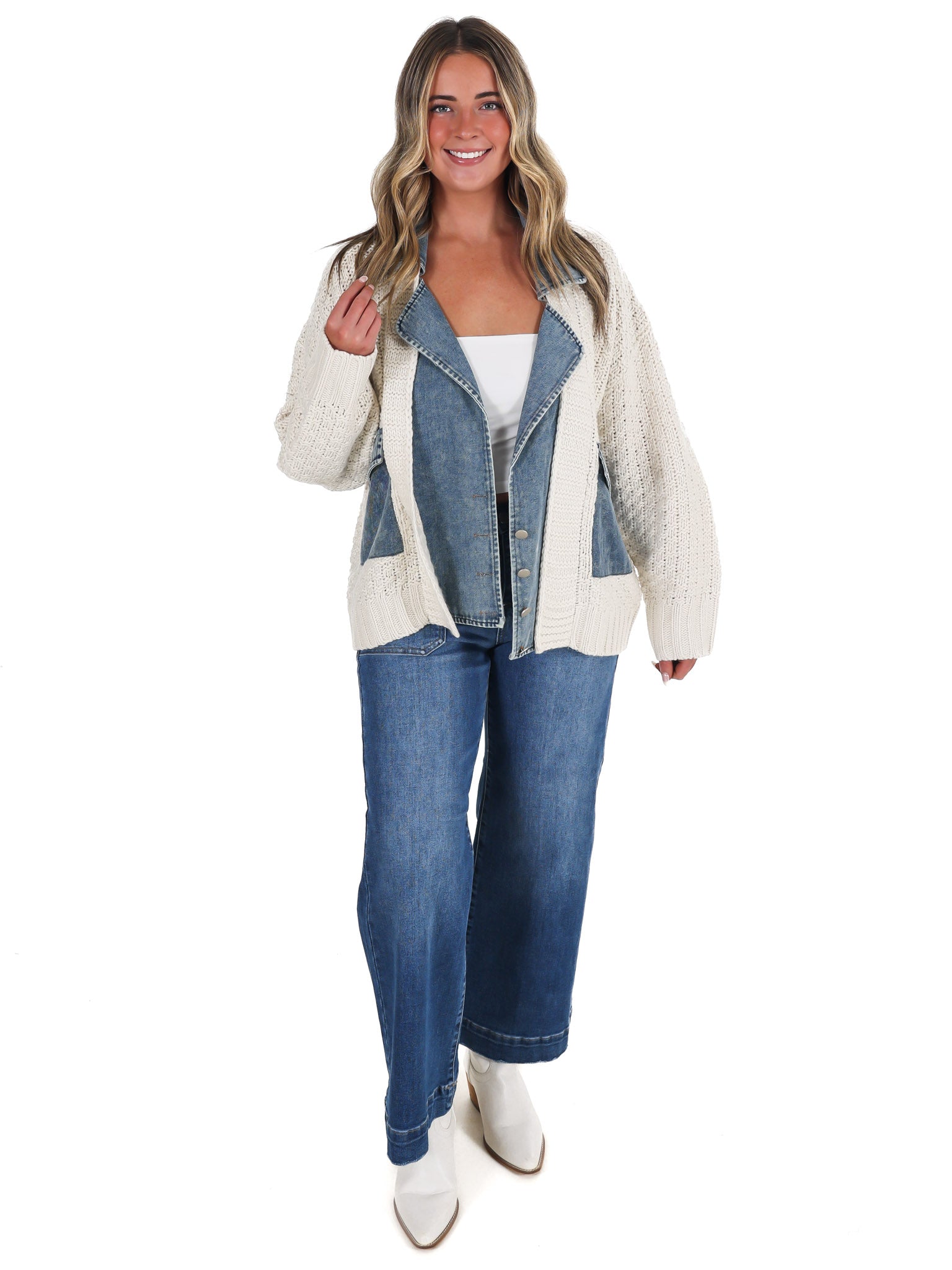 Mixed Media Cable Knit Denim Trim Jacket