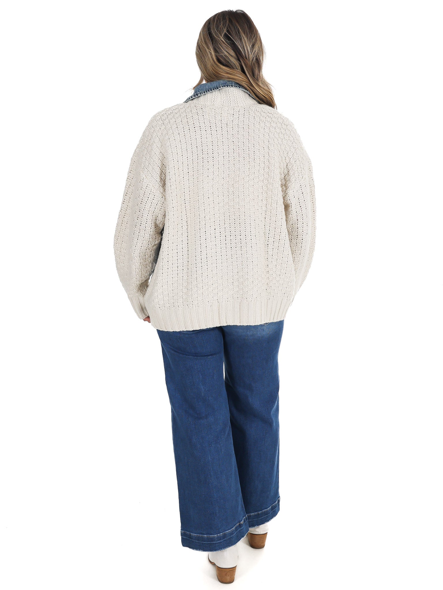 Mixed Media Cable Knit Denim Trim Jacket