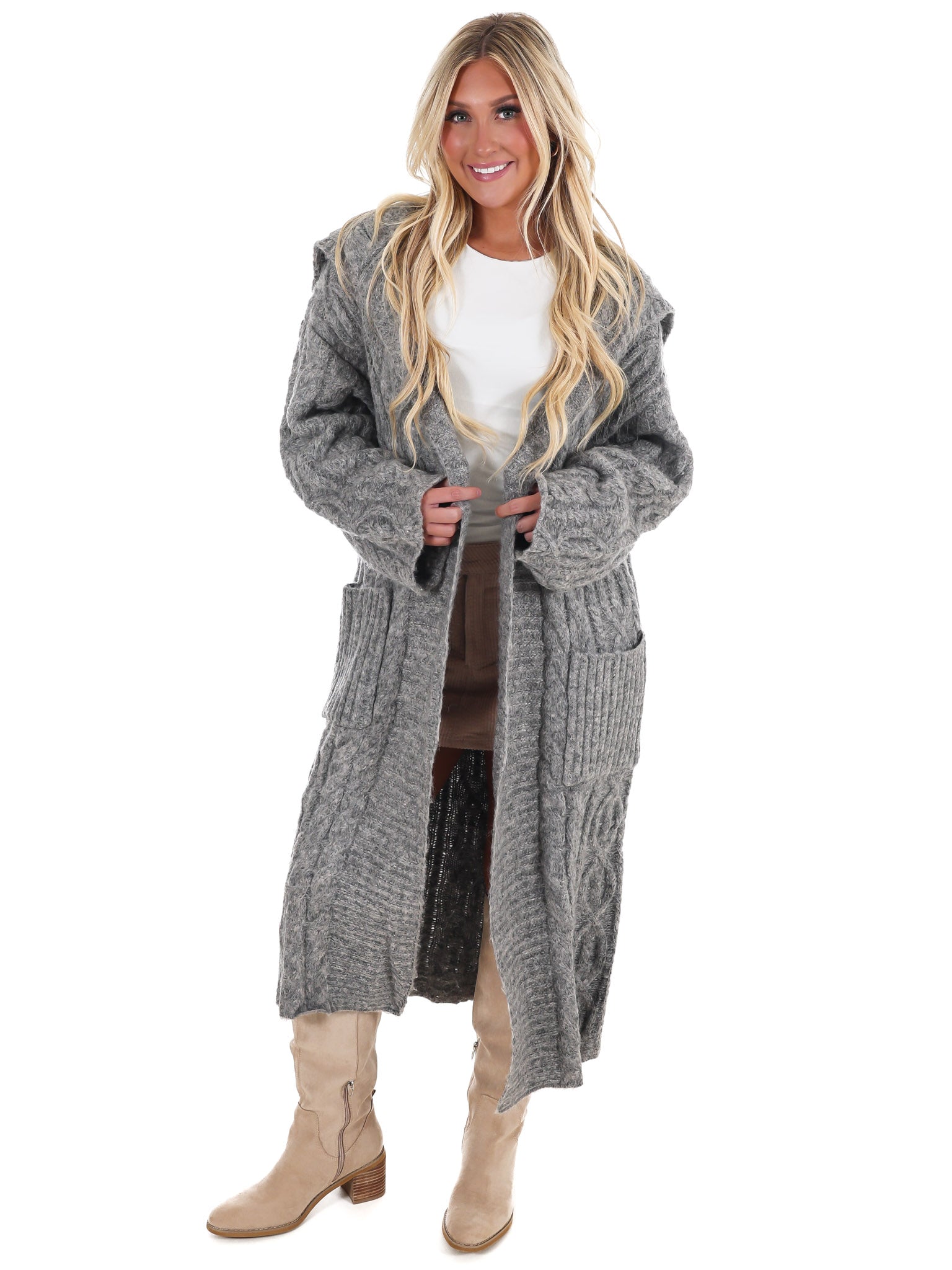Chunky Cable Knit Folded Collar Long Cardigan