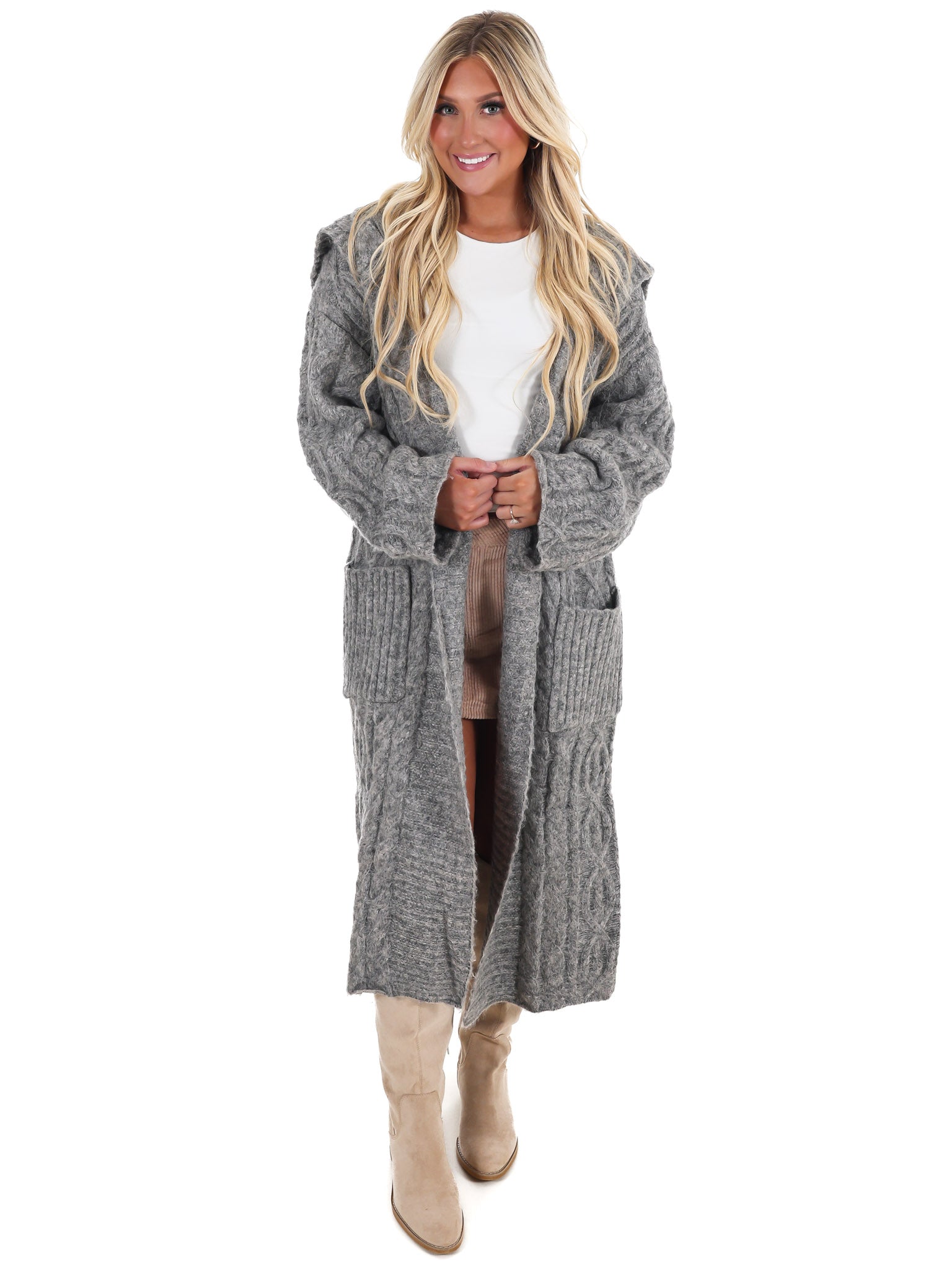 Chunky Cable Knit Folded Collar Long Cardigan