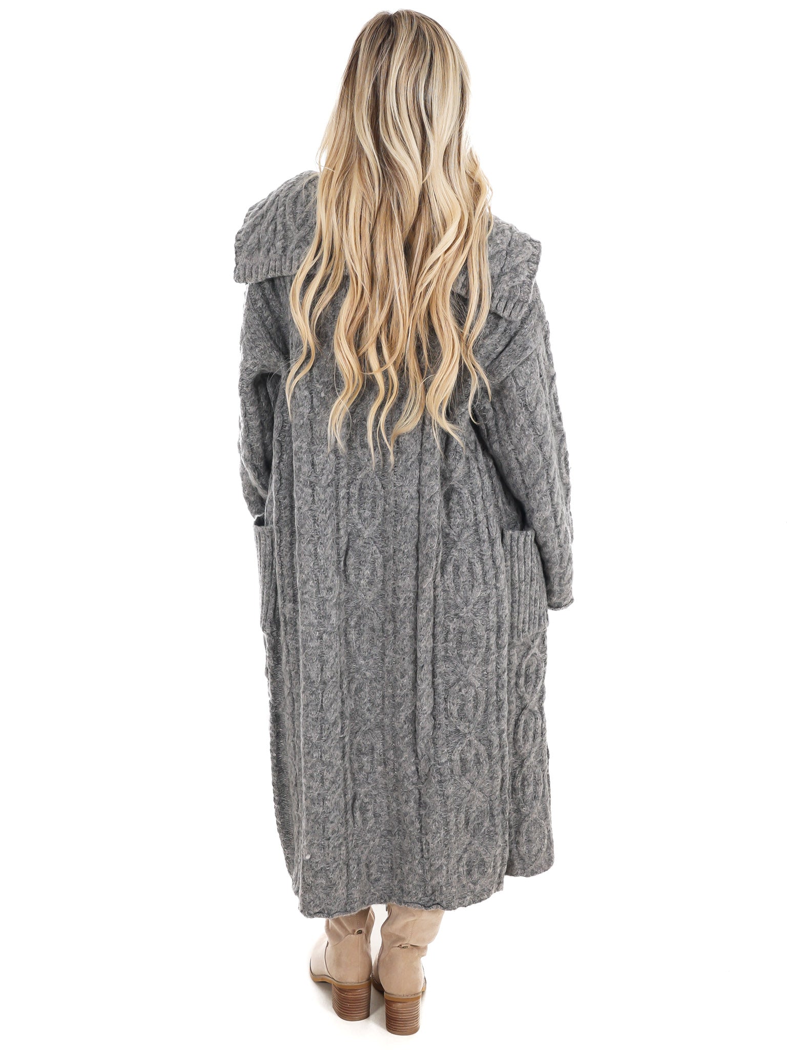 Chunky Cable Knit Folded Collar Long Cardigan