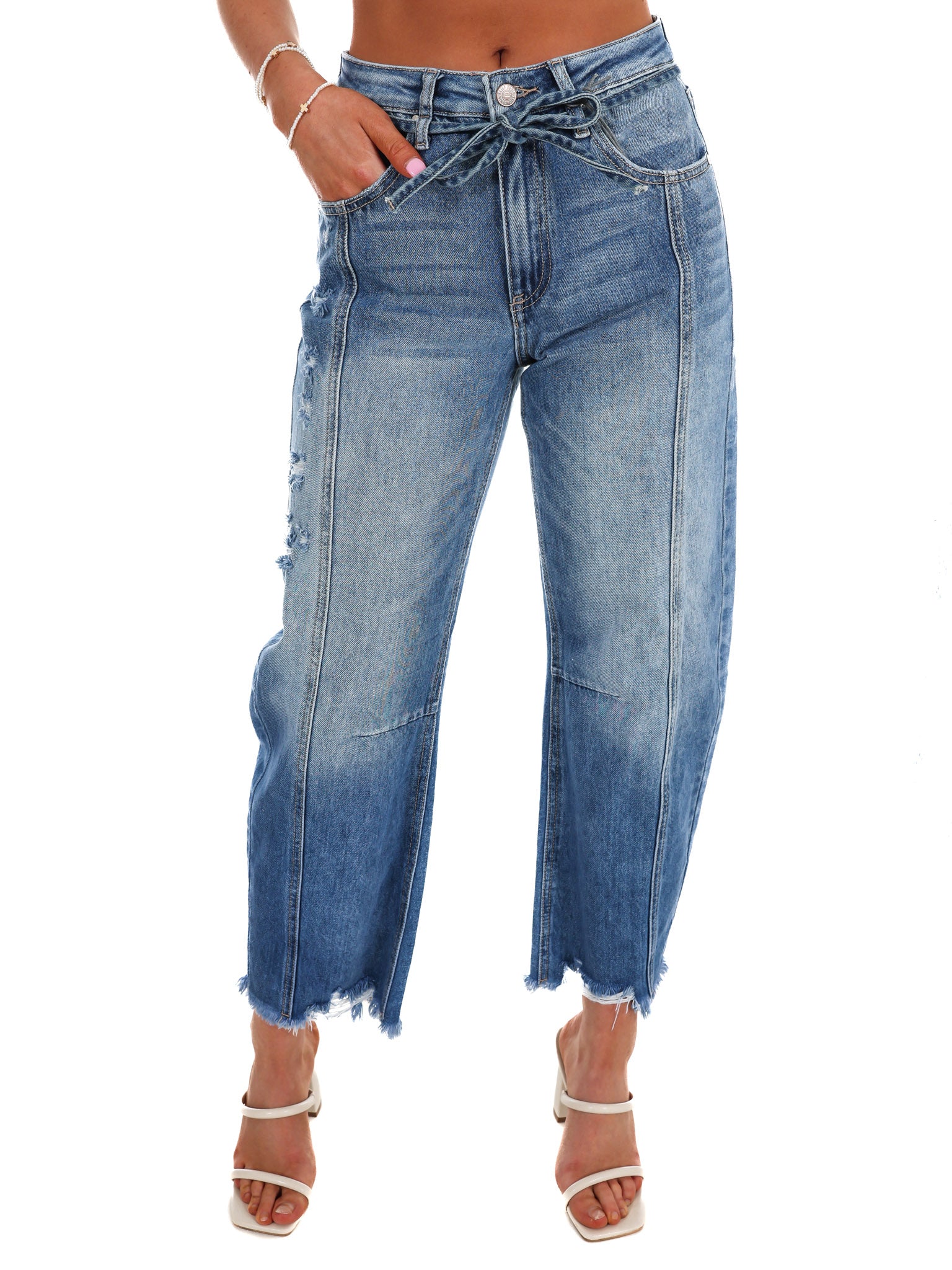 Starting the Day High Rise Tie Barrel Jeans