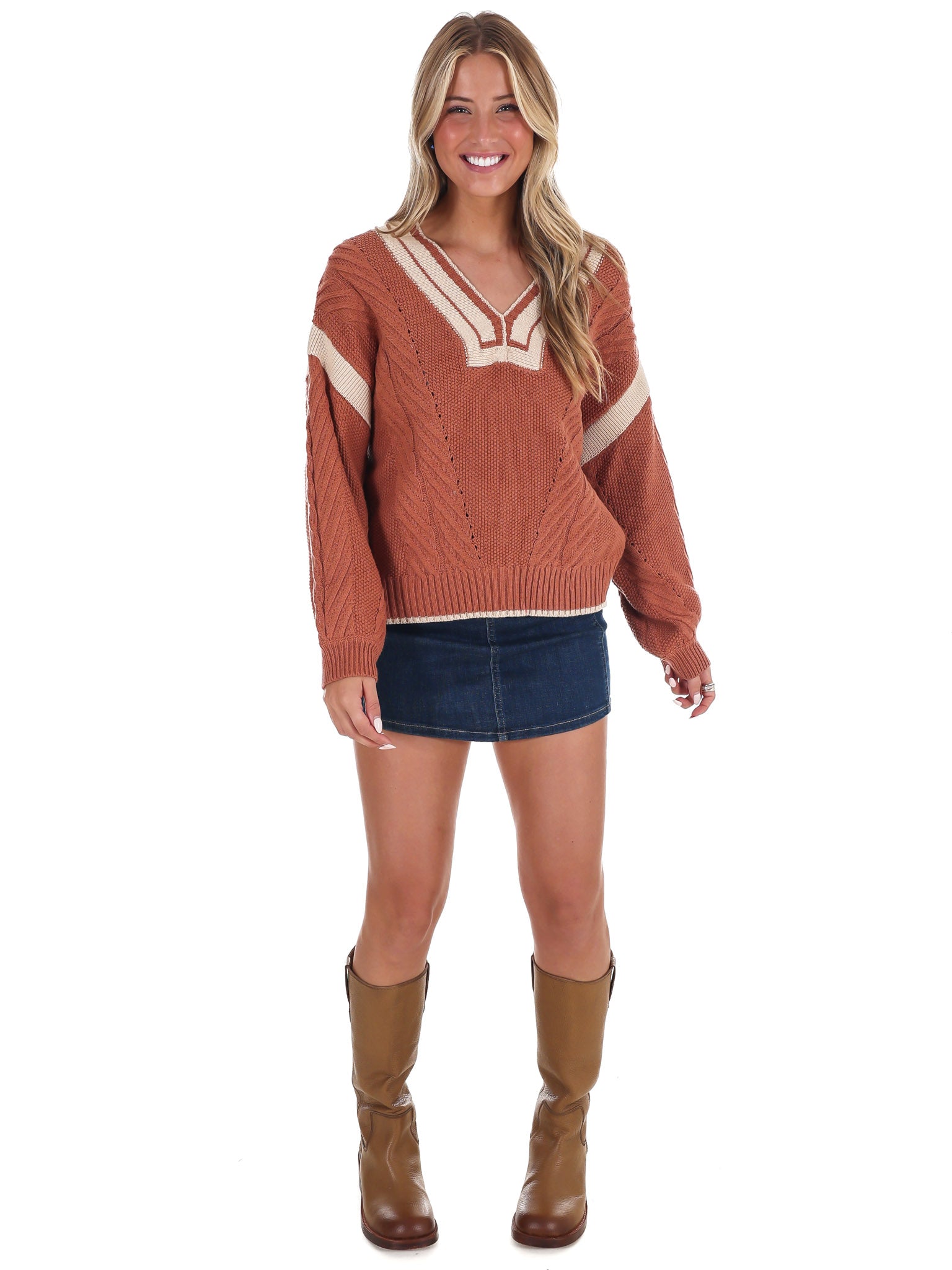 Crisp Air V-Neck Cable Contrast Sweater