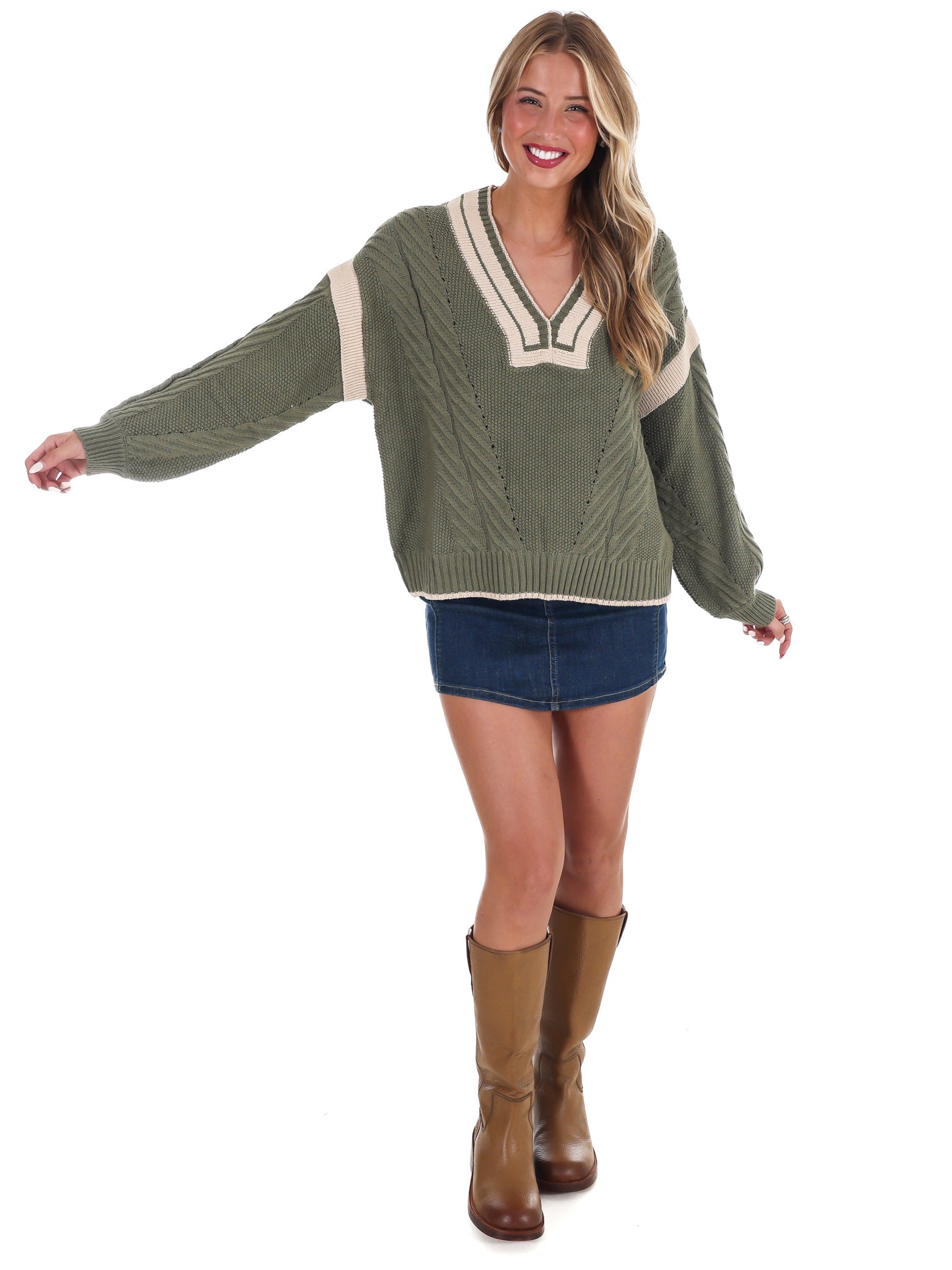 Crisp Air V-Neck Cable Contrast Sweater