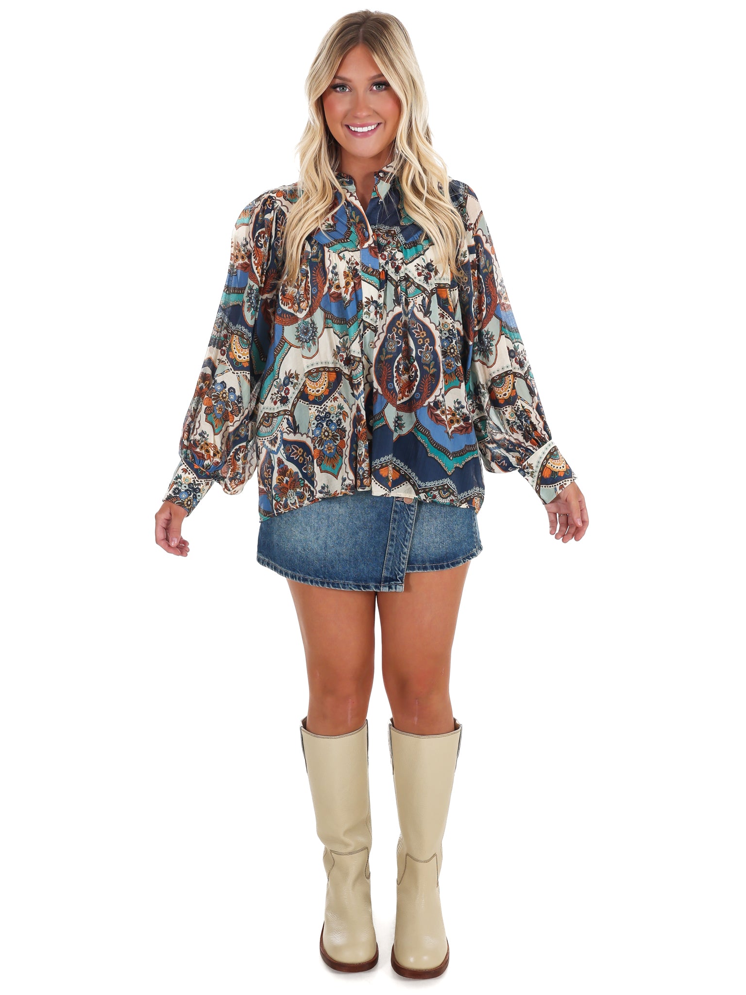 Breezy Bright Print Button Down Top