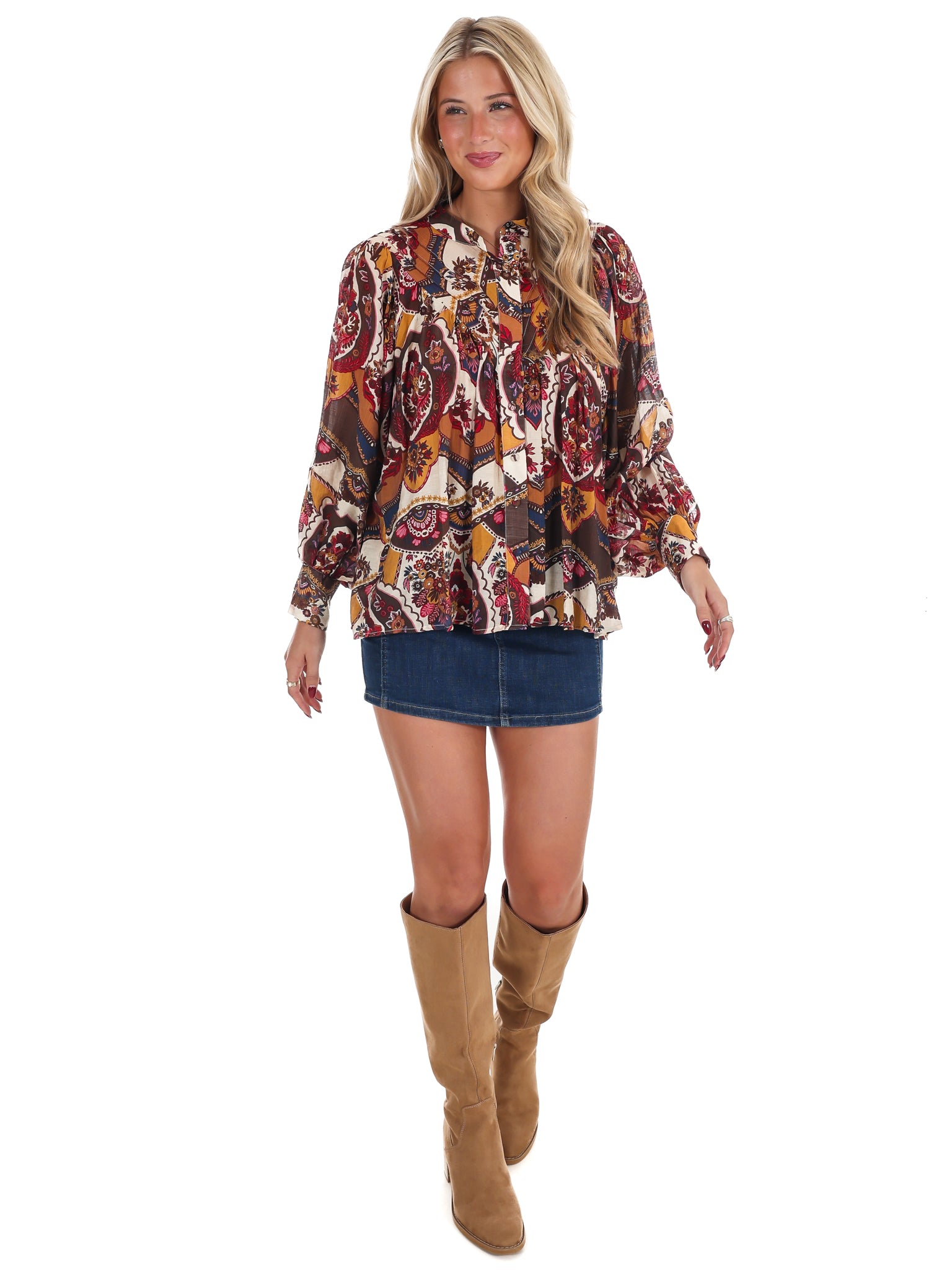 Breezy Bright Print Button Down Top